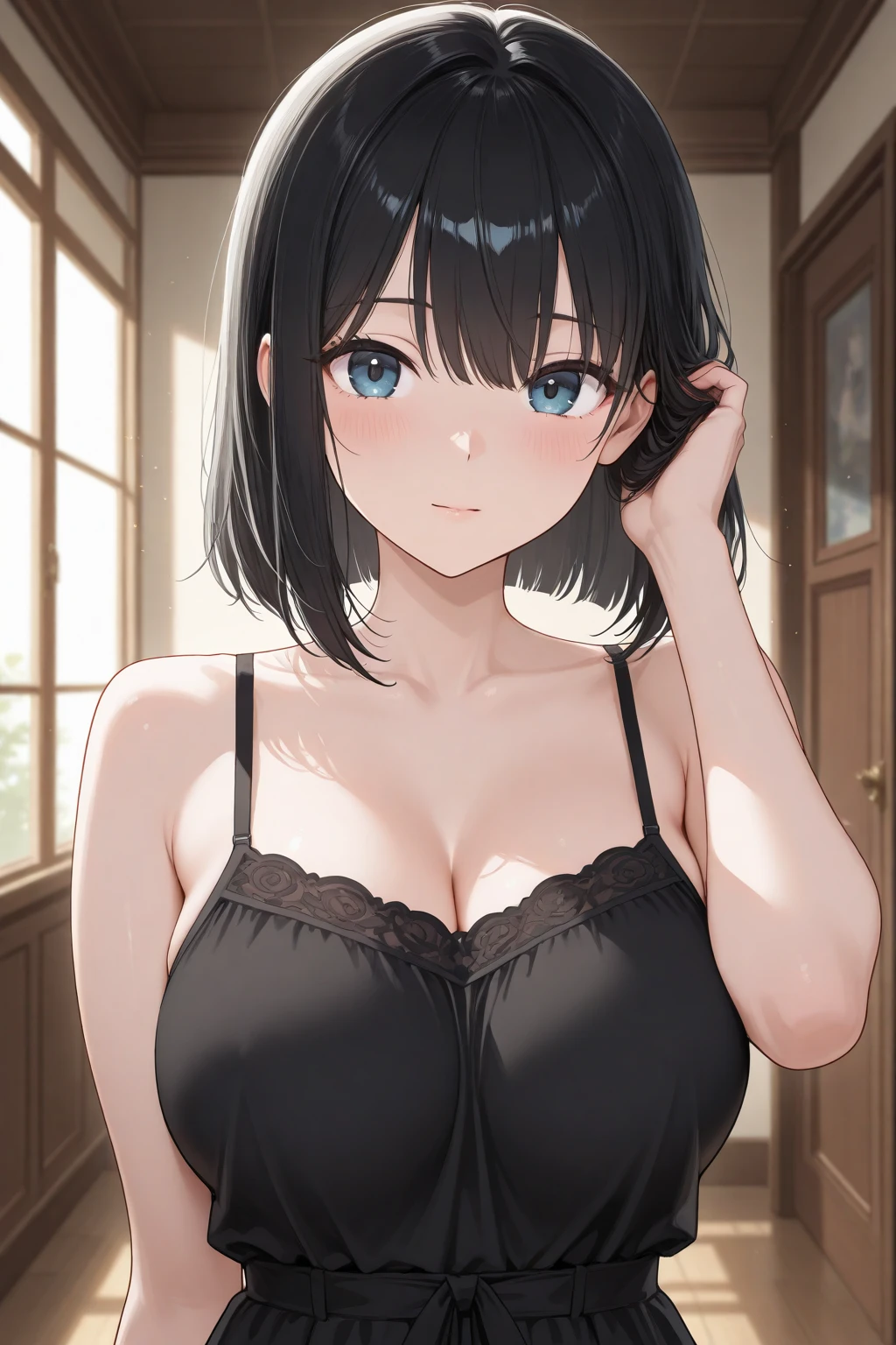 [(Beautiful young girl) (short black hair) (blue eyes) (flat chest) (small breasts)]  ([high Definition] [correct anatomy]): [during morning time] (in a house) (very close face) (smiling) (red cheeks) (in love expressions) (shy expressions)
