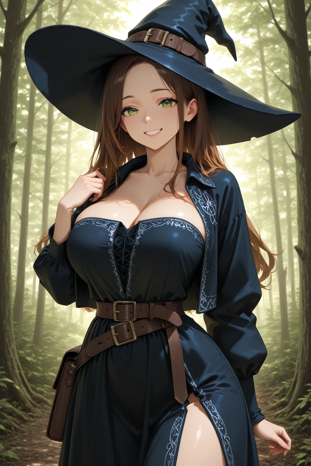 1girl,extremly detailed, ((Cinematic lighting)), (glowing), ((dramatic lighting)), ((beautiful detailed glow)), intricate detail, lens flare, black hair, large breasts, green eyes, huge breasts, witch hat, smile, green glowing lanterns, dead forest, black trees, green lights, skeletons, night, upper body, black robe, dark background
