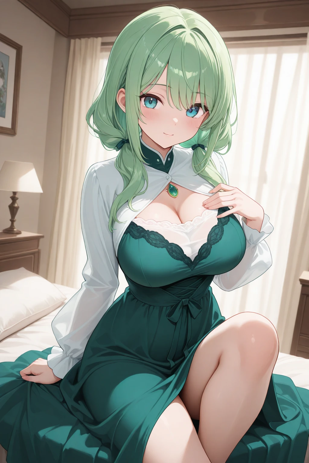  a tall girl big breast beautiful sensual beauty light green hair short cut her red eye dresses green top under long white shirt and a long green skirt cute dress 