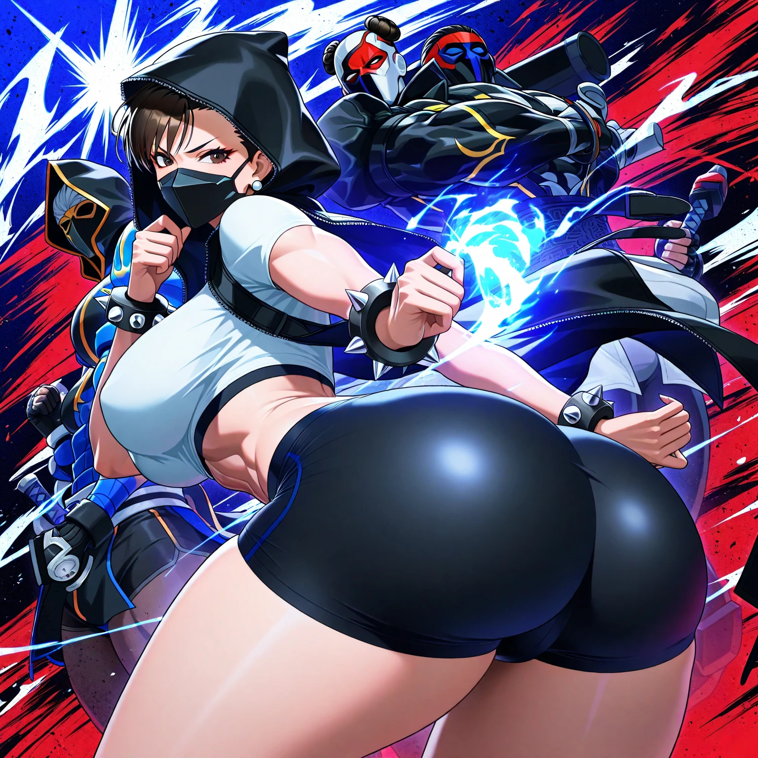female police officer, milf, curvy, athletic, hair tied, police uniform, holding baton in hand, smug face