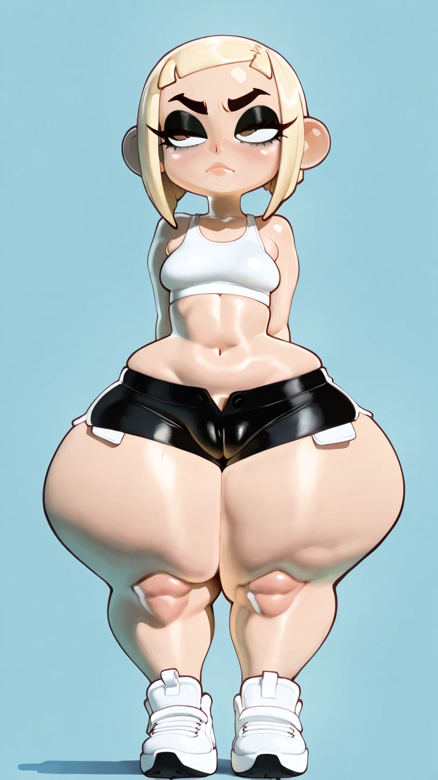 Dragon Ball, Android 18, 1girl, ((bimbo))), short blond hair, blue eyes, puffy lips, painted lips, smile face, thick lips, wide hips, thick thighs, enormous round fake breast, huge round Bella bellz ass, shiny skin, black bikini, looking back