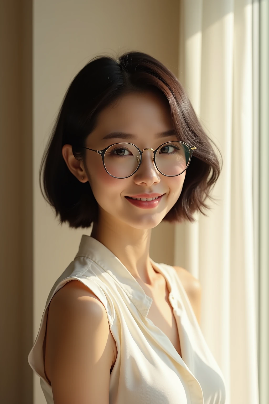 (8k, RAW photo, best quality, masterpiece:1.2), (realistic, photo-realistic:1.37),  <lora:MCInf-000004:0.8>, woman, smiling, short hair, oversized glasses, open jacket, instagram, black hair