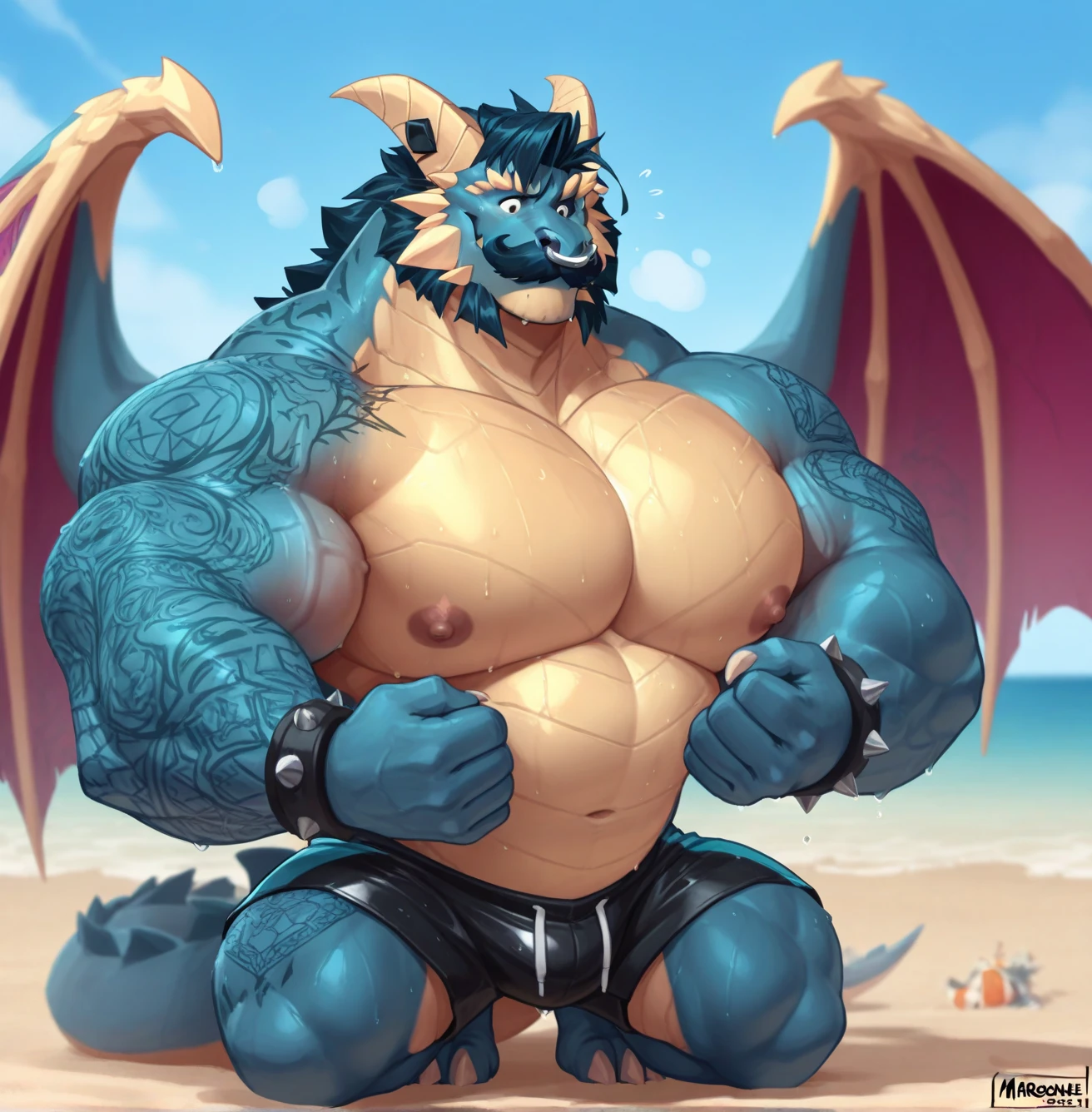 by cursedmarked, by darkgem, by lindong, by taran fiddler, by zoroj, by chunie, (kemono), (bara), ((solo)), anthro male, (beach:1.4), dragon: 1.5, (handsome:1.4), (dominant), (black stripes), (naked), (large penis: 1.4), (erect), (leaking cum), (scaly:1.5), (scaly body:1.5), (dark purple skin:1.5), claws, (smiling:1.5), (teeth), (looking at camera:1.5), (facing camera), huge muscles, (huge purple wings: 1.5), ((detailed eyes)), high quality, absurd res, photorealistic, (dark shadows, wide dynamic range), (low angle: 1.2), (leaning on palm tree:1.3), (ocean background:1.3), (picnic: 1.5), (<3: 1.3), (zoomed in), (hand on penis:1.6), (necklace), (cum shot), (cum on penis: 1.2)