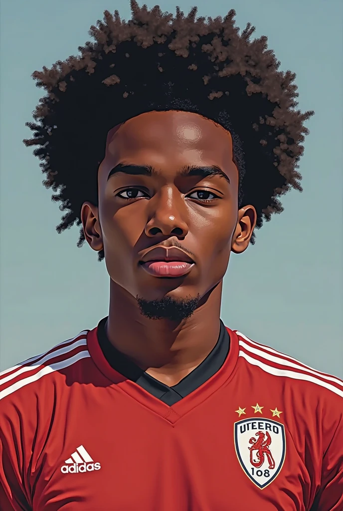 A young boy, 15 years old, with black skin, curly hair, brown eyes, sharp face, well detailed face, well defined body, well detailed body, with a red and black team shirt, playing soccer in a Japanese city, detailed, best quality, best resolution, 8k, photorealistic, photography --auto --s2