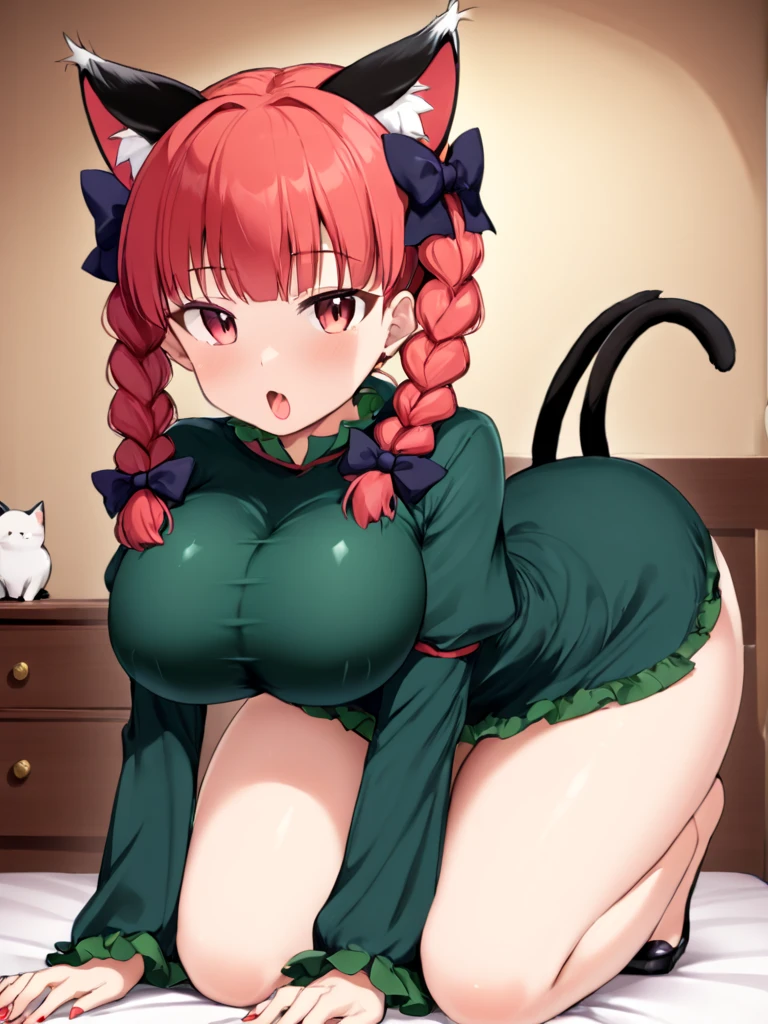 masterpiece, (Best Quality:1.4),(Perfect Anatomy:1.4), High Quality, very_high_resolution, Ultra Detailed, large_filesize, Full Color, Detail, 8K, 4K, High Resolution,Symmetrical,Extraordinary, Best Aesthetics, New, Latest, Very Detailed, Anime, Detailed Beautiful Face and Eyes, Very Detailed Body, Very Detailed Hair Lovely Hands, Perfect Hands, Beautiful Hands, One Girl, Cat Ears, (Big breasts, big looking cleavage, brown hair, trimmed hair semi-long hair, long sleeves, Doya face: 1.5), (Girl cross-legged on 3 tatami mats, sports bra, camisole, cotton panties, school skirt,:1.4), (Dynamic angle, eyes looking away, cowboy shot: 1.2), (open mouth, 17 years old, brown-haired, short-haired, cat-eared, aqua eyes, maid apron, white apron, black pantyhose, slender girl), (apartment in 3 Japan, daylight, light),