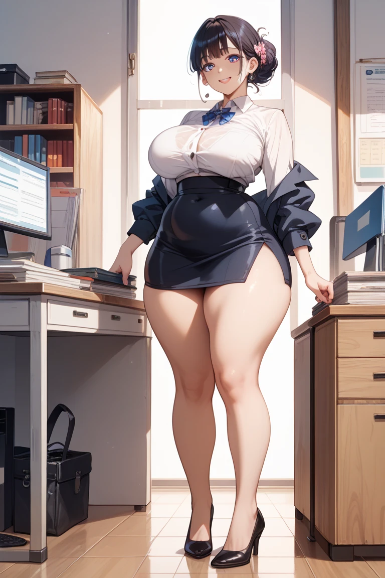 best quality,1woman,((big breasts:1.3)),((30 years old,woman:1.5)),curvy,orgasm,blush,blue eyes,black hair,long hair,straight hair,((office lady,white shirt,black pencil skirt:1.3)),mini skirt,lift skirt,((upskirt,white panties,black thighhighs:1.3)),sitting