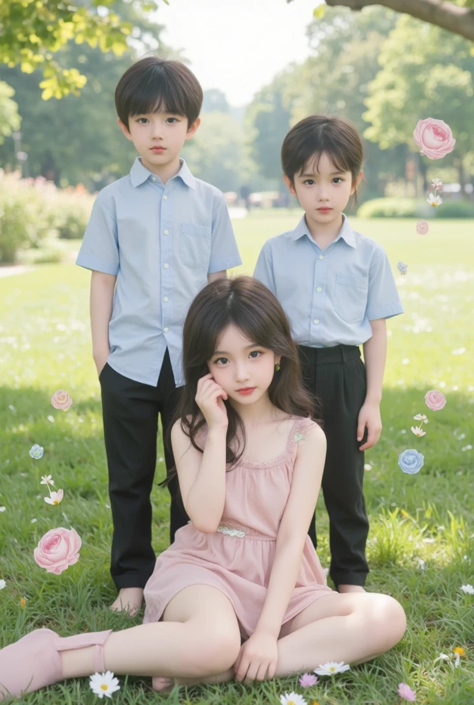 1 Korean 4-year-old boy, 1 Korean 4-year-old girl,Beloved,cute,looking at the viewer,smile,neat clothes,beautiful park background,subtle,very realistic,Free Pose,very subtle face, Detailed and smooth skin, beautiful face, masterpiece, highest resolution, best quality,perfect face,bright lights, Natural-looking poses,