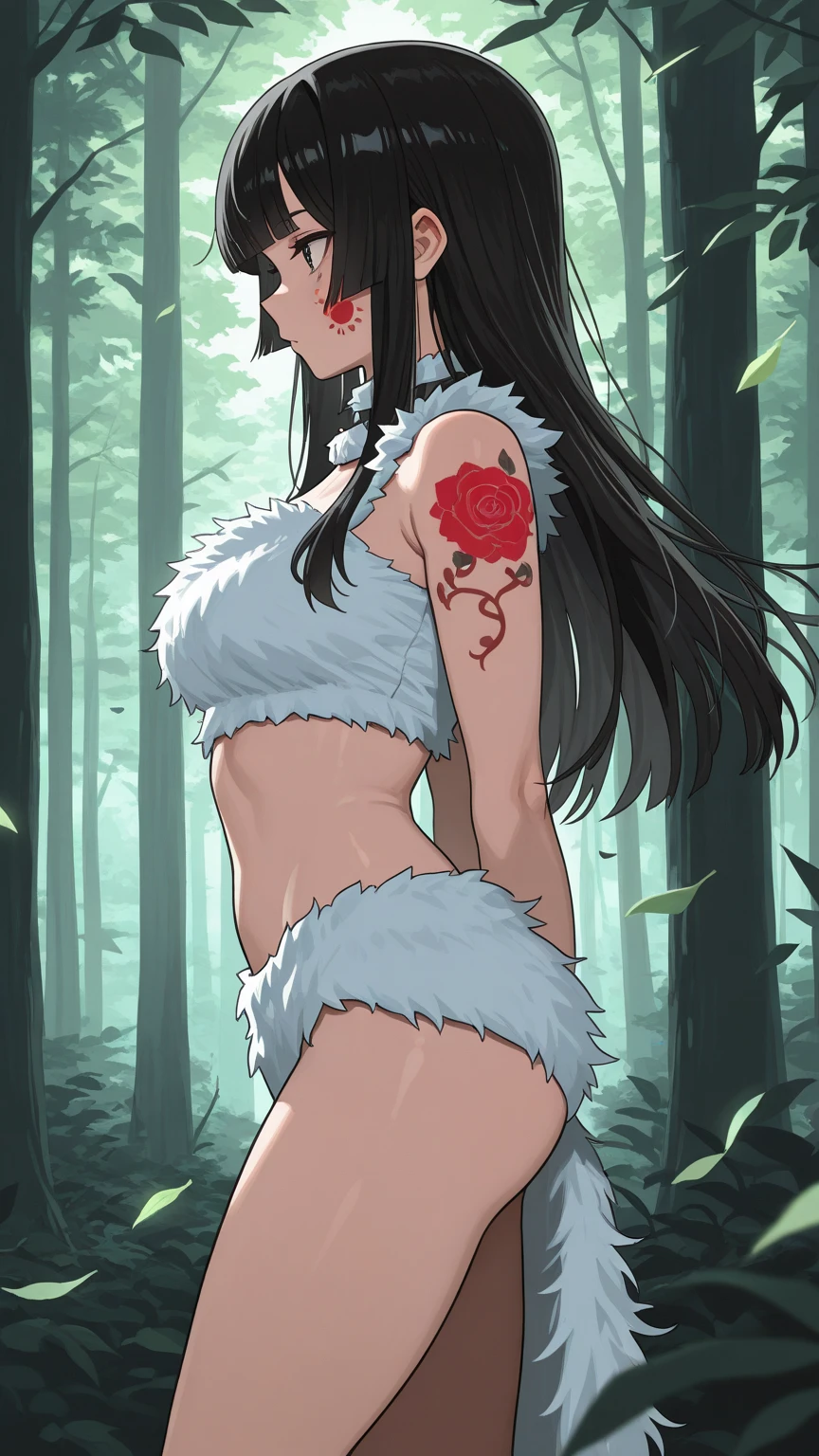 masterpiece, best quality, highres, ah1, facial mark, multiple tails, fox tails, red lingerie, red thong, red bra, medium breasts, sexy, cleavage, bare shoulders, outdoors, standing, cowboy shot,