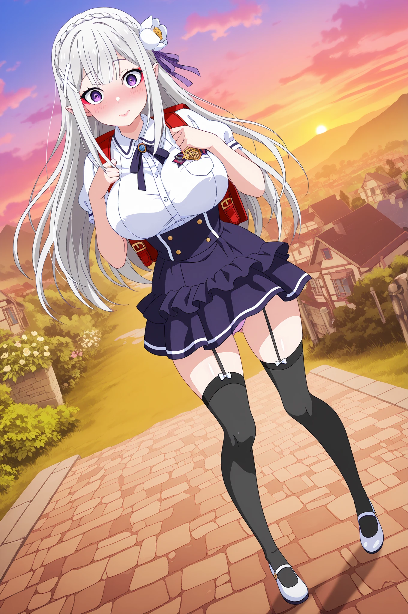 Without skirt、Without skirt、White underwear、In underwear、Panties in full view、White panties、 1, 1girl, asahina mikuru, long hair, kita high , solo, short sleeves, red ribbon, large breasts, cowboy shot, waving, outdoors, Underwear in full view、スカート無し