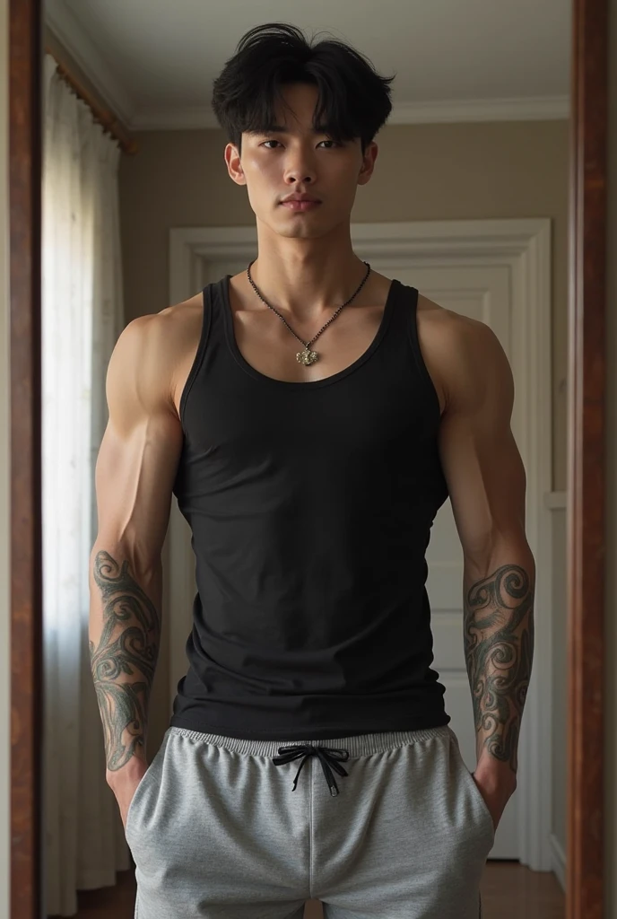 A high-definition, 8K, hyperrealistic portrait of a handsome Korean man with tattoos, facial hair, detailed face,well-defined muscles, exquisite facial features, fully but wearing underwear and sneakers. The background is filled with vibrant and colorful tattoos. Use the style of a post-impressionist painter like Vincent Van Gogh or Paul Gauguin. Include elements of surrealism and hyperrealism, full body, sexy, seduction, sensual, big bulge