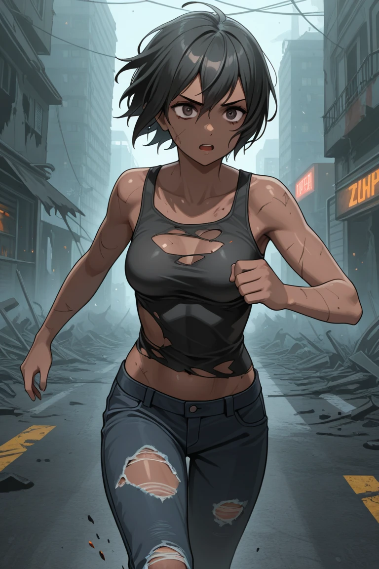 Lauren Cohan running away from zombies, torn clothes, mud and dirt, masterpiece,