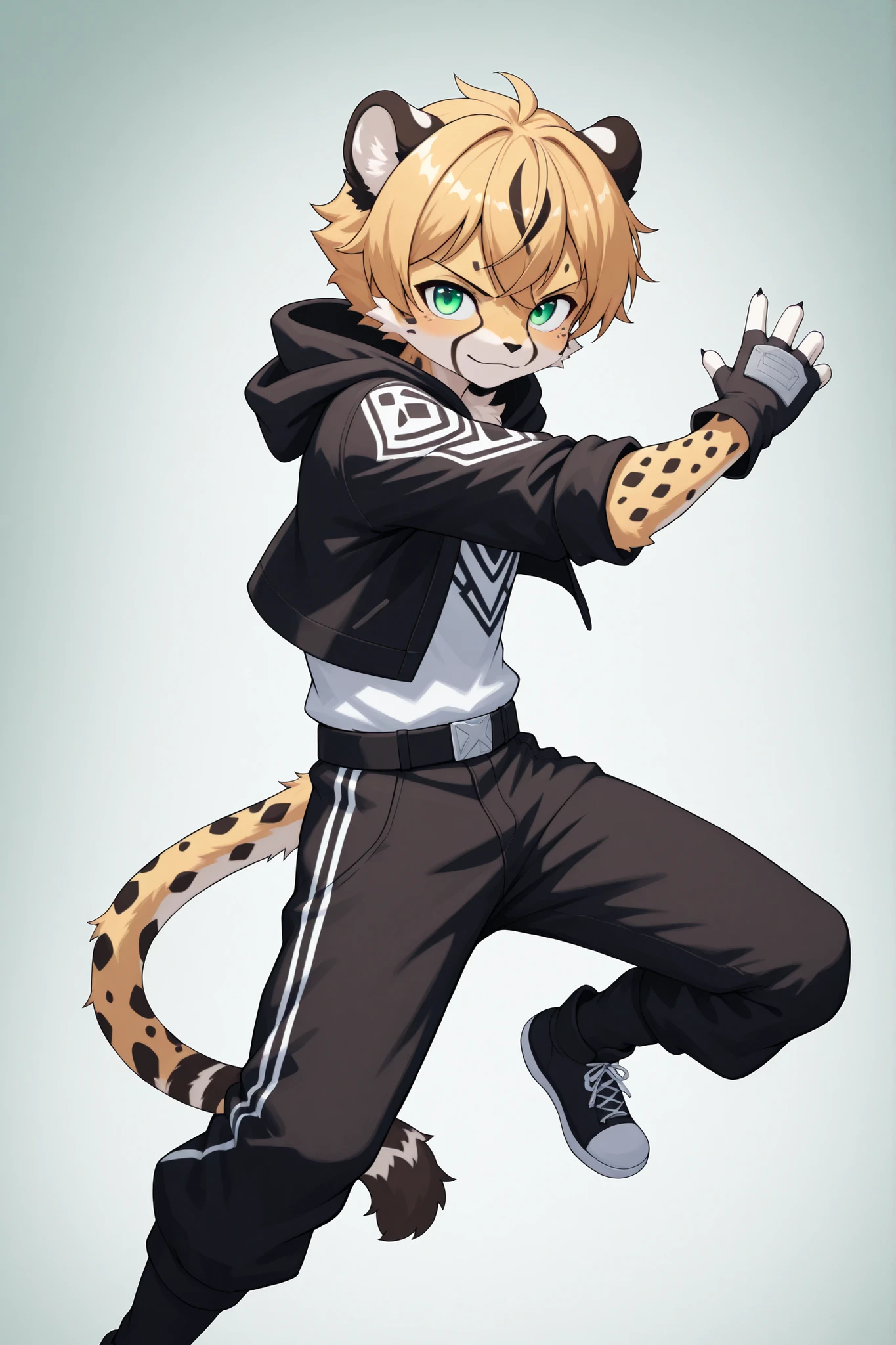 Kemono,thief outfit, cheetah furry, young male, medium build, emerald eyes, stylish hair, kemono style, cool vibe, reckless personality, dynamic pose, shiny fur, glossy fur, detailed fur texture
d