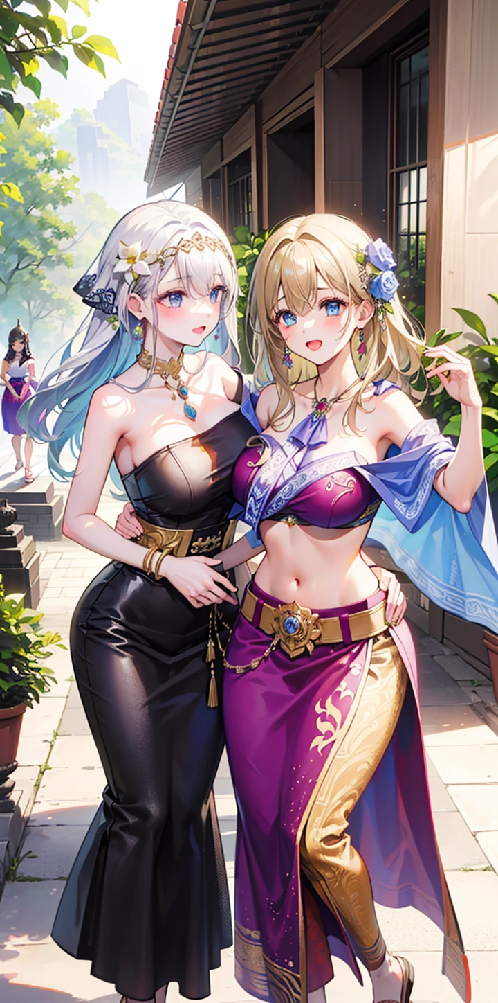 ((((2 young women ,beautiful woman)))),folk girl,long, blonde hair , blue eyes , braid ,Purple Thai dress,กระโปรงไทยโบราณlong,holding a jasmine garland,countryside,countryside,beautiful scenery,Ancient sites of Ayutthaya,smile with teeth,forehead,forehead exposed,big ,rift, ,(2 young women ,beautiful woman),หน้าอกbig,Show your breasts,The cracks are clear.......,((หัวนมbig)),(pubic bone), rift, visible chest,seductive pose,I see bulging nipples.,(((areolae ขนาดbig:1.4,pink,The nipples are clearly visible..........))),(Separate outfit showing nipples:1.4), (semi-naked:1.8),(dance,Thai dance),(pussy,bare female genitals)), ,(((Umbilical drive,dance,dance,Thai dance))),