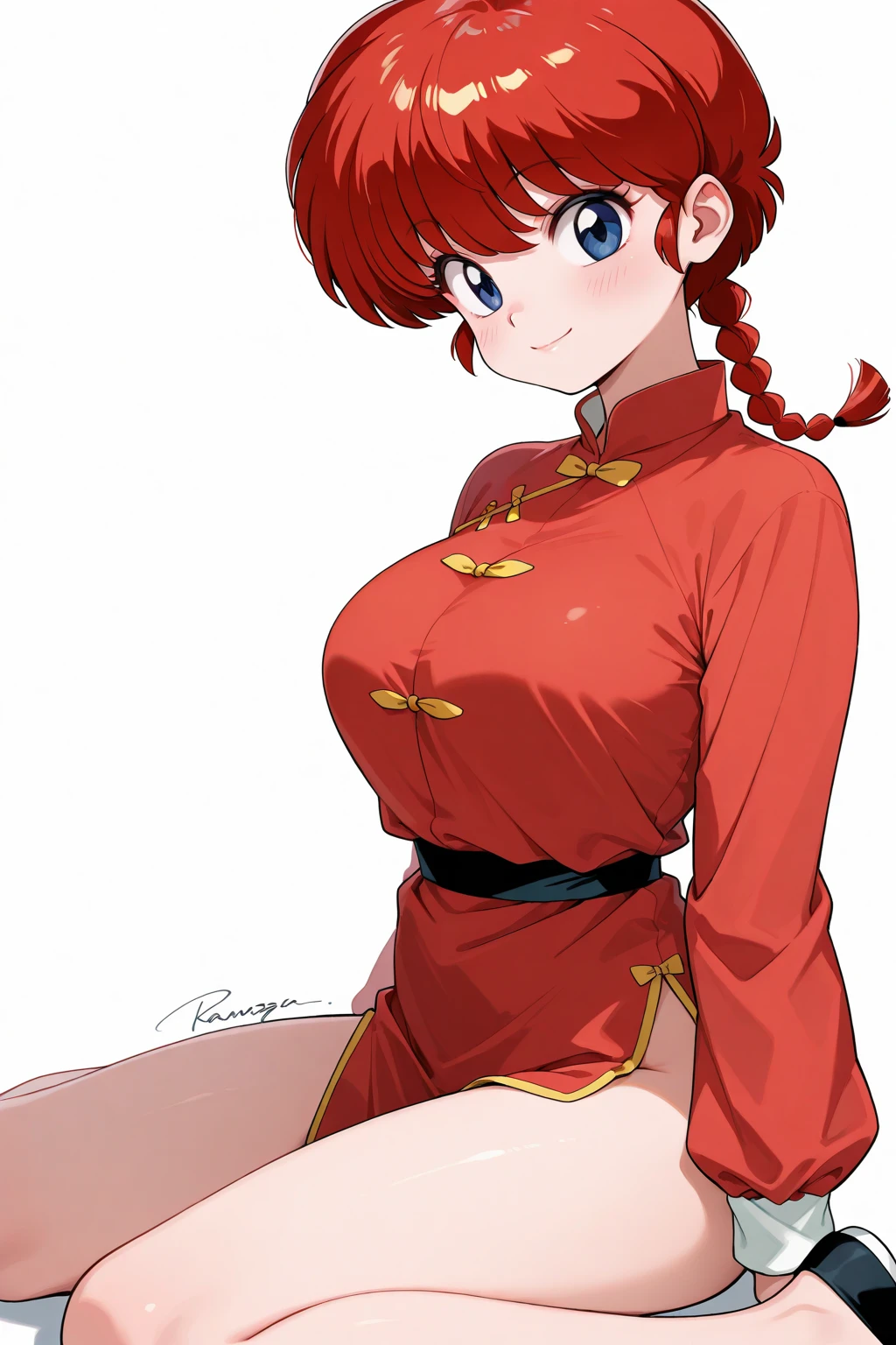 ((((masterpiece)))), high quality, very_high_resolution, large_filesize, full color, heavy outline, clear outline, colorful, (beautiful detailed eyes), (beautiful face:1.3), boyish face, 1 girl, (femaleranma), (red hair), short hair, (braided ponytail), ((bangs)), bumpy bangs, blue-gray eyes, big breasts, curvy, completely nude, black-wristbands, (standing), hand on hip, front view, full-face blush, cameltoe, pink striped sports bra, pink striped pantie, ((Chibi:1.3)), 1girl, solo, cute, young sister, (red har, single braided ponytail hair), (jitome, fangs, open mouth), ((ranma-chan)), ((outfits:chinese clothes)), dynamic angle, exciting, takahashi rumiko, 1990s \(style\), retro artstyle, watercolor\(medium\)