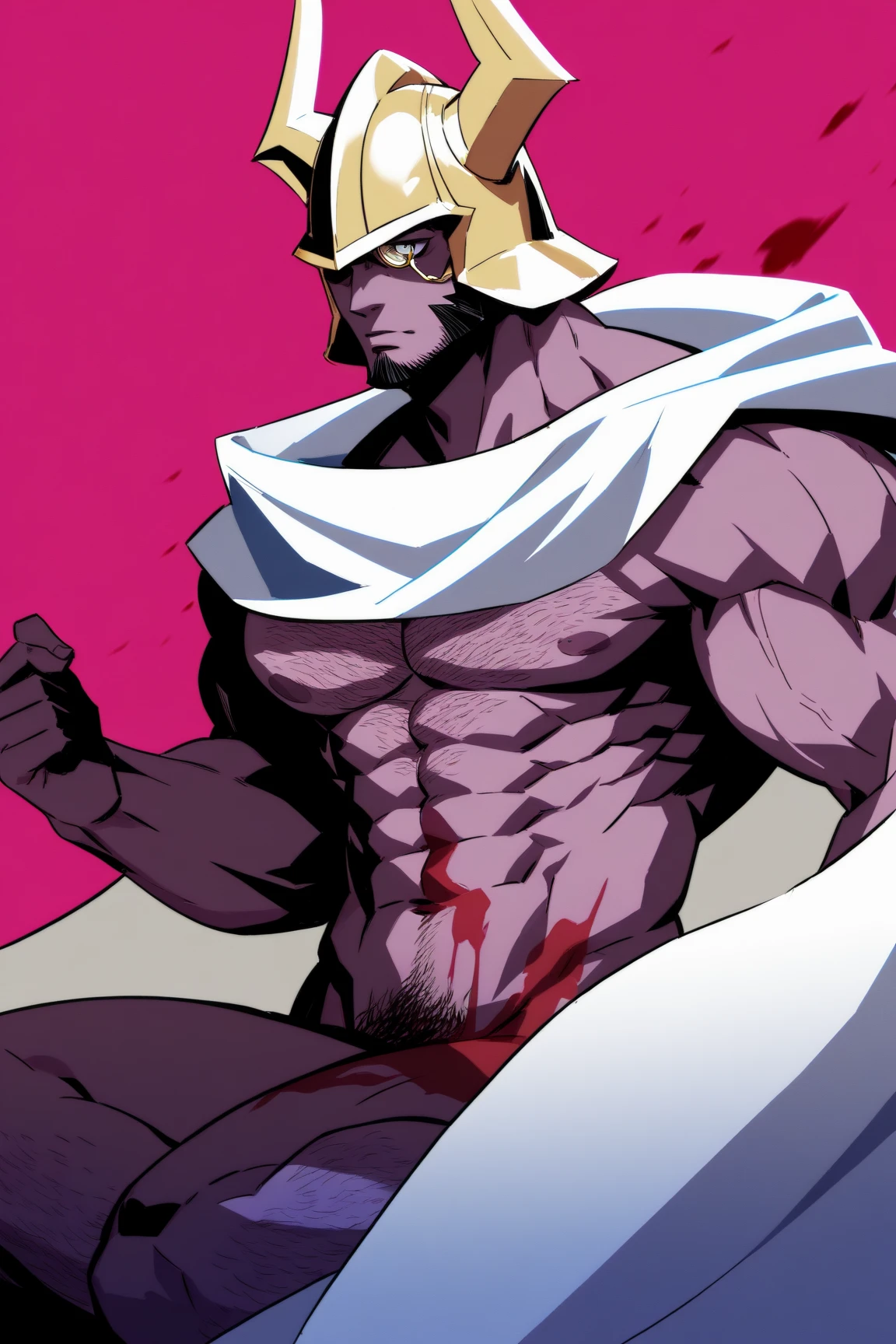 Highest quality,Masterpiece,Pro Art,8k,Based on anatomy,silk hat,Light purple hair,Eye mask,Purple Cape,Japan animated style,kait8uj8ker, white hair, spiked hair, Blue eyes,Full body image,(((Huge muscles,Huge erect penis))),