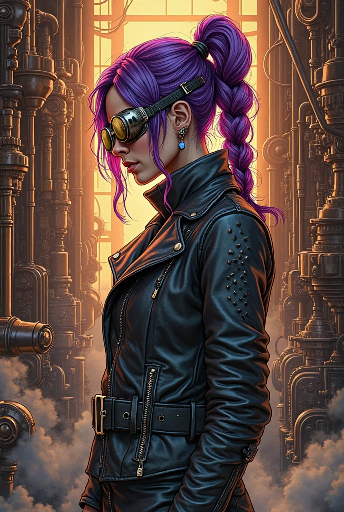 Masterpiece, intricate details, steampunk style, purple hair, on a motorcycle, hair in the wind, fierce, woman, shotgun attached to her back, highres, highly detailed, 4k, Photorealistic, fighter