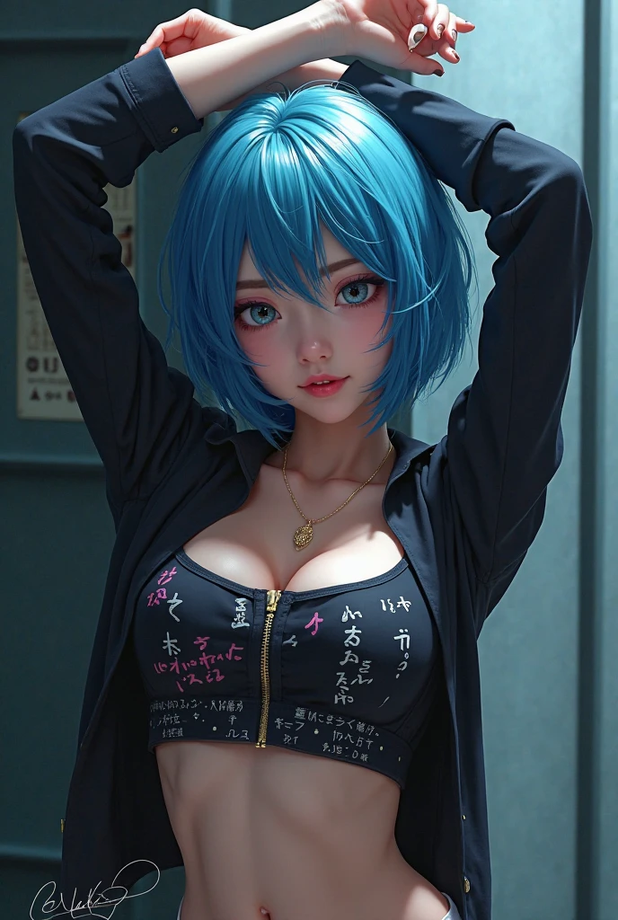 Upper body, (SW1MC0V3R:1.2), shirt, See-through, Fishnet tights,(sharp focus:1.2), portrait, ((take a pose)), (beautiful face:1.1), fine eyes, luscious lips, ((shortcut)), (bright studio lighting:1.2), written boundary depth, Bokeh,Medium chest, ((erect nipples)), thin waist, blue hair,