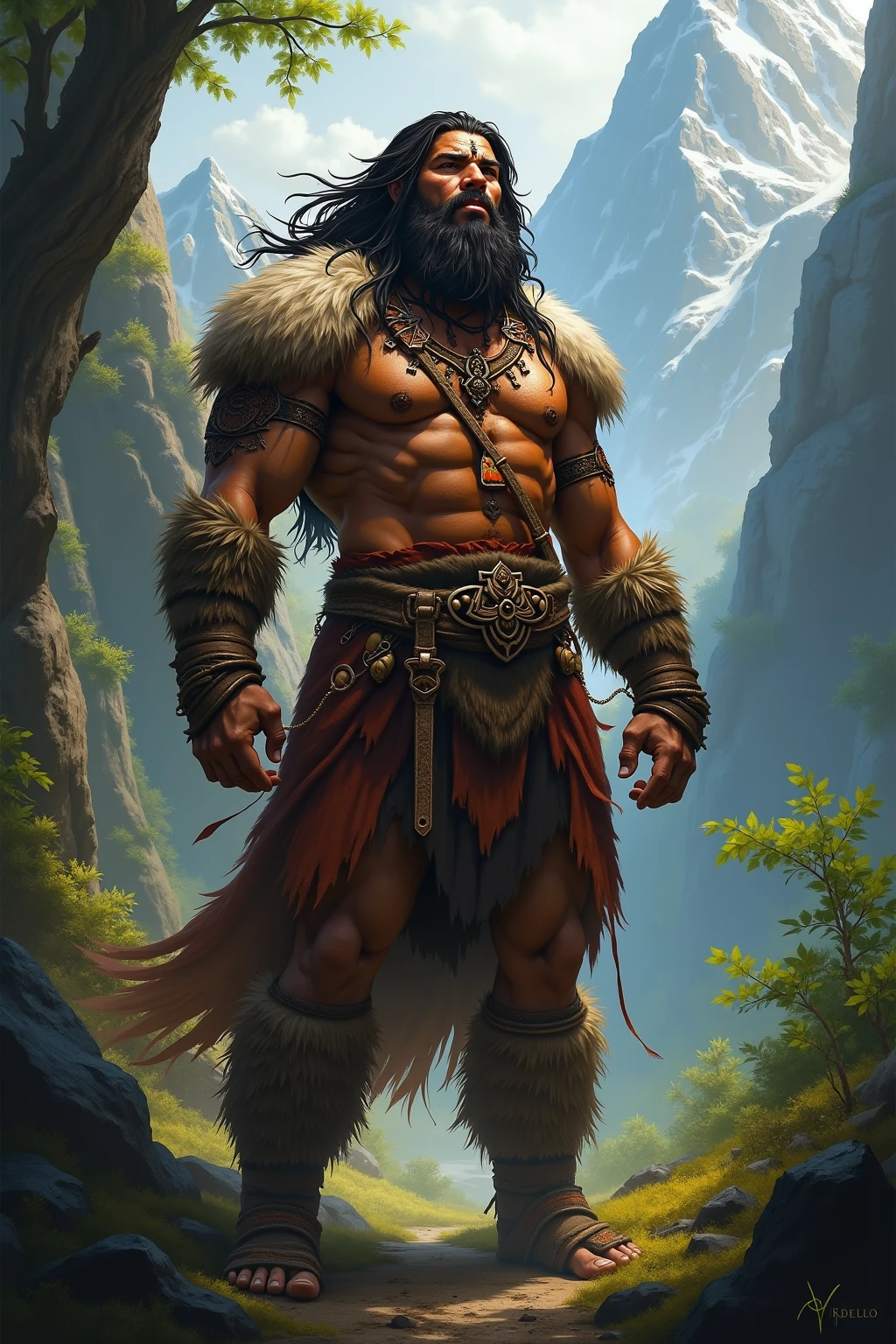 masterpiece, best quality, artstation, 8k, fantasy painting of (dark barbarian man:1.2), angry, long hair, (scars), sharp eyes, dirty, bear armor, wind blow, highly detailed texture, sharp focus, (battle pose:1.4), cowboy shot