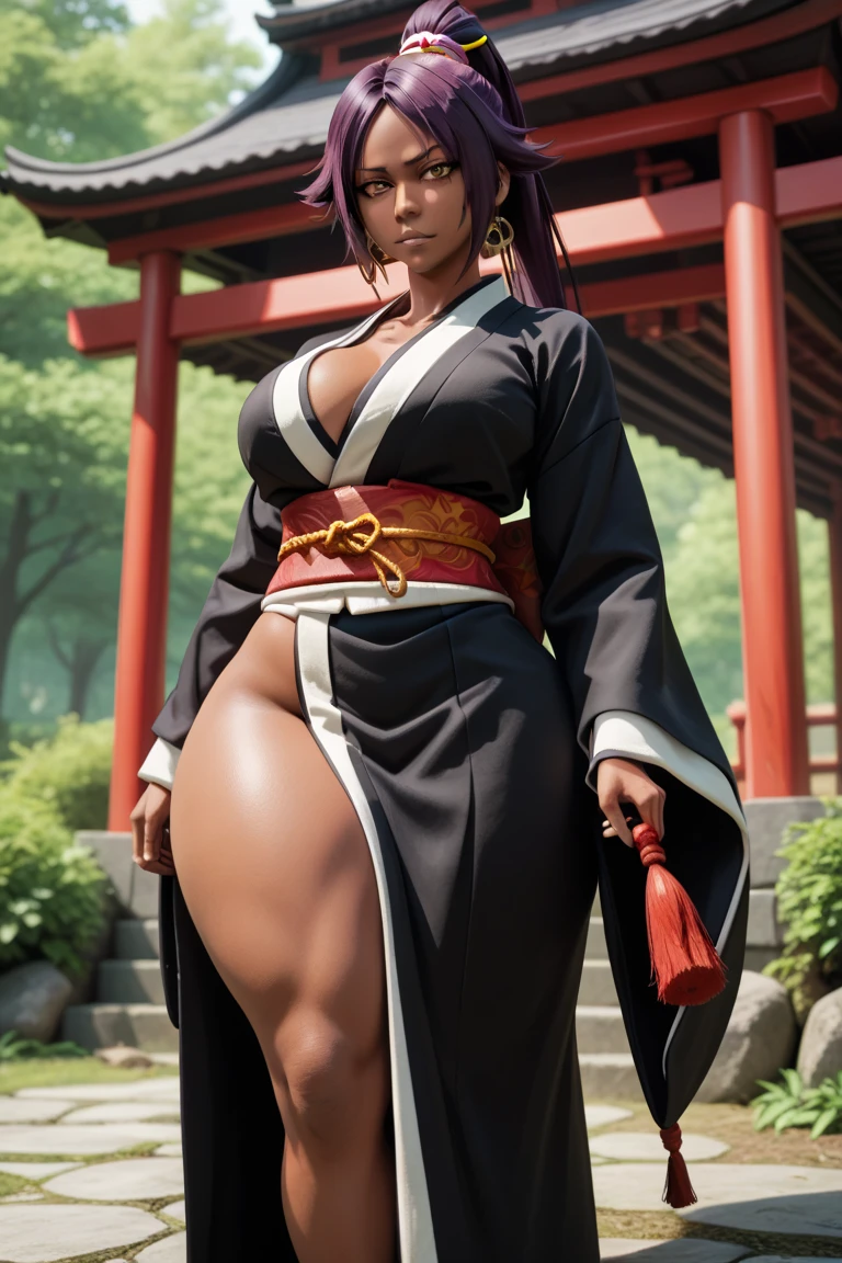 Dark-skinned_female, poitrine, gros seins, voluptueux, cuisses épaisses, hanches larges, gros cul, cul massif, dreadlocks, Haute résolution, regarder la visionneuse, poser sexuellement, room, Regard séduisant, kimono, flower on hair, japanese clothes,