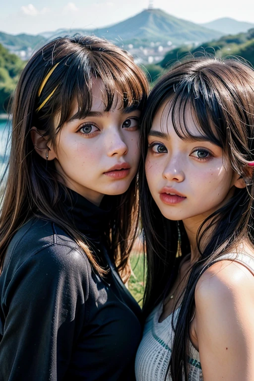 (Positive focus, Original photo),(((model shoot,2girls,duo,Hugging))),navel,Portrait close-up, (Sunset: 1.1), Surrealistic Female Portraits by David Hockney and Alphonse Mucha, Fantasy art, (Blue pupil: 1.4, shiny pupils: 1.4, Big eyes: 1.1), Photo fidelity, Dynamic lighting, Art Station, poster for, voluminetric lighting, Very detailed face, 4K, Award-winning, Shadows, understated, (official outfit: 1.4, Complex clothing), Looking at the camera, Bust Up Shot, (Realistic face)),