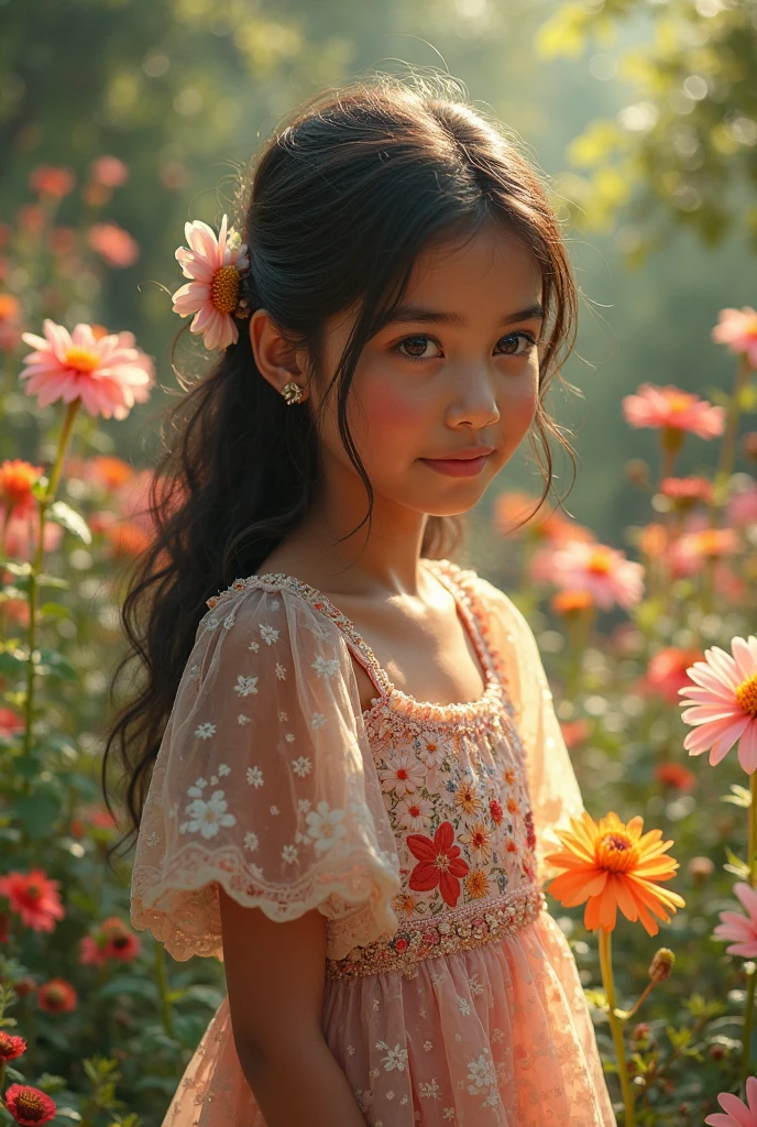 Fat Girl IP, long-haired, I'm grieving.,5 years old,Vibrant Eyes,Desorn series, Glossy and delicate,In a flower garden , 3D rendering of,bestquality