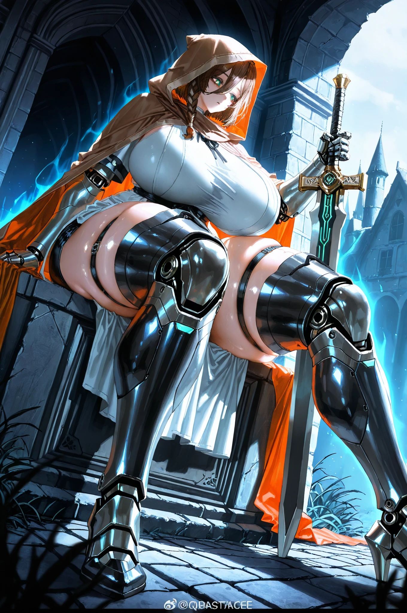 (((beautiful))), nihilister,mechanical parts, mechanical arms, mechanical legs, machinery, pelvic curtain, leotard, red eyes, huge breasts,(((shiny skin))), ((intricate details)), hdr, ((intricate details, hyperdetailed)), cinematic shot, vignette, ((art by alphonso mucha))
