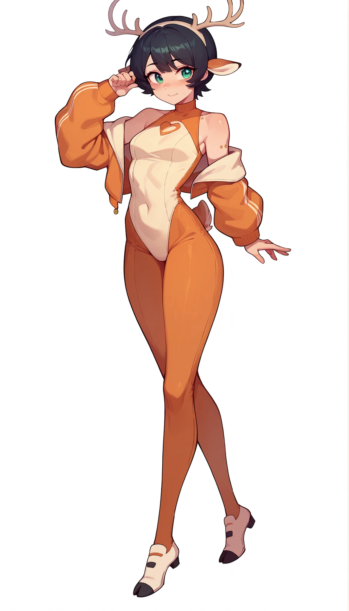 A beautiful woman with long, round hair, short braids and beautiful legs is standing in an orange high-cut leotard that accentuates her breasts.。