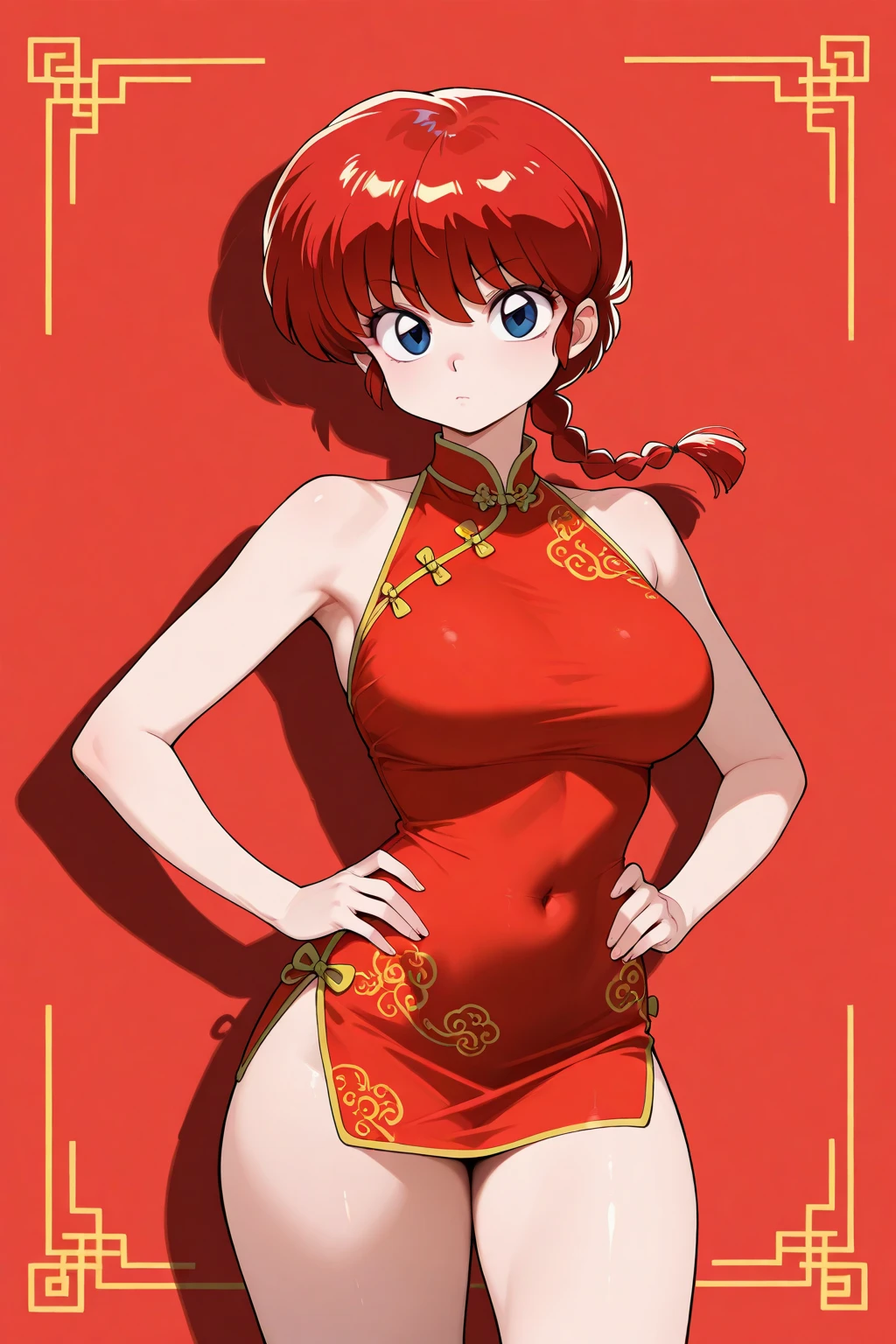 masterpiece, best_quality, highres, RanmaChan, red_hair, (single_braid), blue_eyes, big_breasts, standing, chinese_clothes, <lora:RanmaChan:.5>,