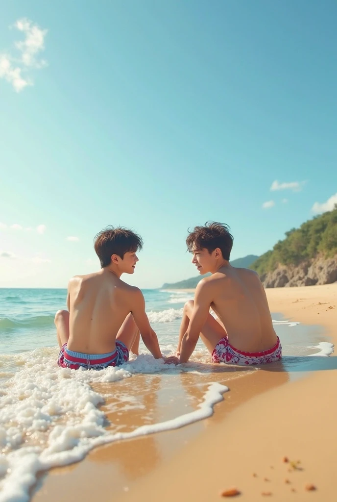 The models are all 2 males aged 18 years old., Good figure with muscles,naked, Total height 2 meters. The two of them looked cheerful and close to each other.. They are Korean., white, and tall. Naked guys , big penis, butt plug. The backdrop is a beach., beautiful sea, white sand, Realistic picture. Sitting down, one hugging the other from behind