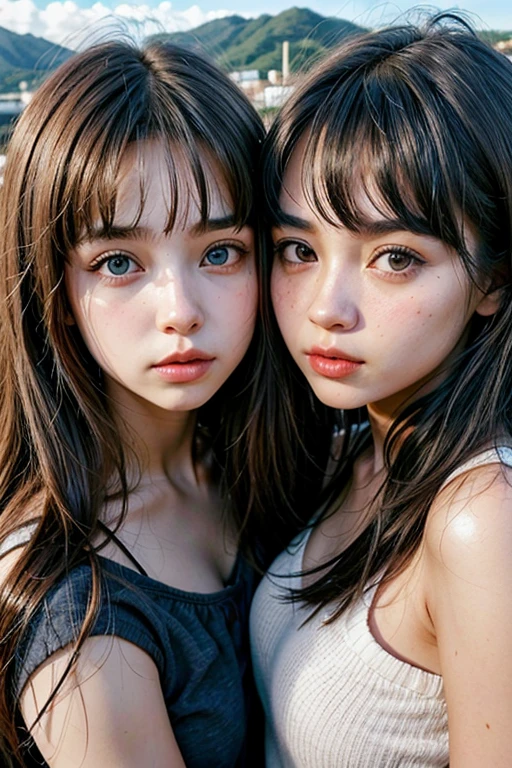 Highest quality、Realistic、Japanese、Women、zoom、cute、Ocean、Grey Eyes、Long Hair、Chestnut Hair、Back to all、the forehead is protruding、Light blue dress、Looking down、Big smile、 Shot、thin、Small 