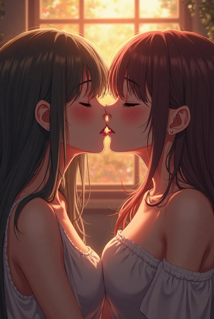 masterpiece, quality, A high resolution,((( 2 girls))), ((Yuri)), ((this kiss:1.4)), giving a hot kiss, in the bedroom, sexy lingerie, big