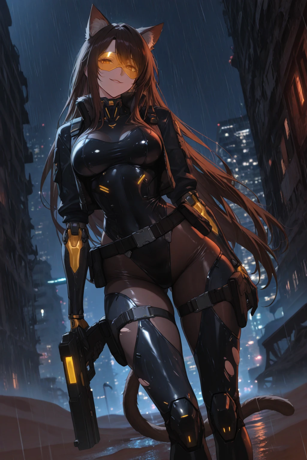 (High-definition images, atmospheric perspective, 8K, Super detailed, Accurate, highest quality, dark brown pupils), (Long brown hair:1.4), cinematic lighting, Shooting from various angles, nsfw, Japanese, 1 girl, ((long hair, strong wind is blowing)), light brown eyes, eyelash, droopy eyes:1.5,lip gloss:1.4, thin waist, thin thighs, Realistic Eye Size, hentai, ahegao, blush, hentai sex pose, erotic pose, unbuttoned shirt, Jacket, super car, black pubic hair, ((Futuristic cybernetic female cyborg enforcer, chrome exoskeleton, intricate mechanical design, sophisticated black costume, urban decay setting, dramatic lighting, ultra realistic)), look back, ecstasy face, sex from behind,