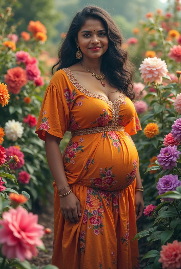 Full body young pretty mixed race black and Asian girl with dark brown skin, Asian monolid eyes, long curly black hair, a soft round face, full glossy lips, a soft full curvy hourglass figure, big soft natural breasts, slim shoulders, big pretty 8 months pregnant belly, touching her belly, flowy floral summer dress, standing in a garden