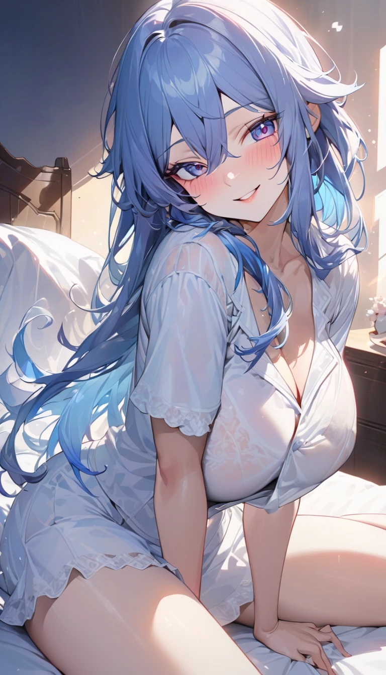 Ayaka, Blue long hair, Pretty Face,Smile,Close to hip, Giant breasts, Sitting on the bed, Wearing beautiful white pajamas, (open mouth:0.4),illustration,Detailed texture(Realist),Extremely detailed,Portrait Style,Bright colors,Soft lighting, blush, Mature, No, Flying hair, Breast tenderness