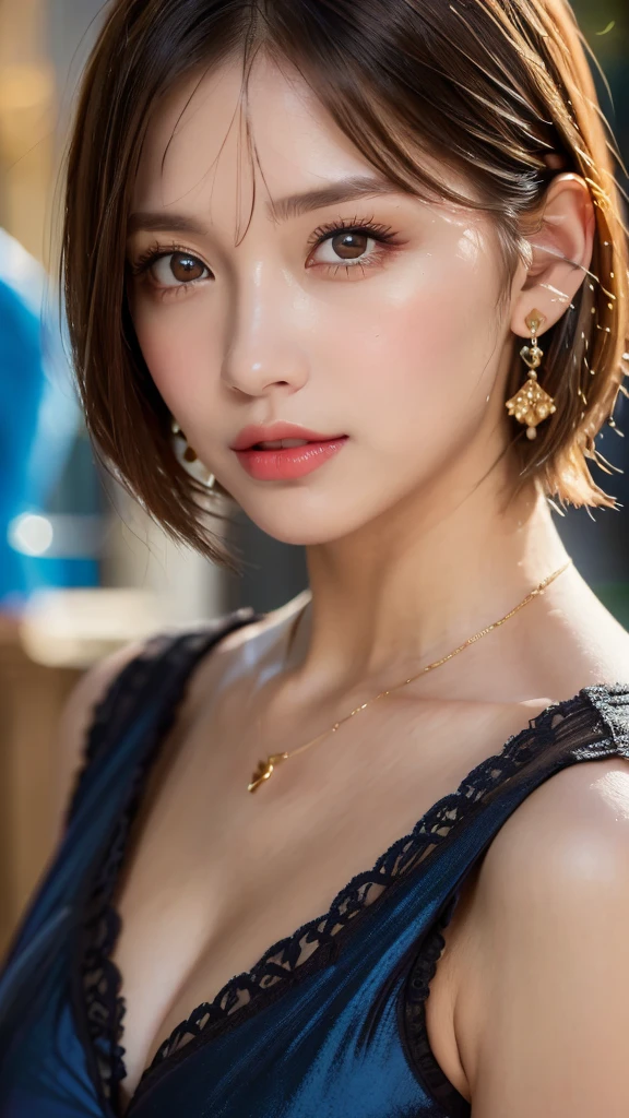 ((Highest quality, 8K, masterpiece :1.3)), (Sharp focus :1.2, Beautiful woman with perfect figure :1.4, Slim Abs :1.2), ((Big Breasts, Emphasize cleavage:1.3)), (Photorealistic:1.4), (realistic:1.4), (Short Bob Hair, Light brown hair:1.5), Highly detailed face and skin texture, Fine grain, double eyelid. Makeup face, A little bit of lipstick, sex appeal, Sexy gravure pose, ((A beautiful woman wearing a purple yukata、Enjoy goldfish scooping at a summer festival night stall。Gold earrings brighten up your face。:1.3)