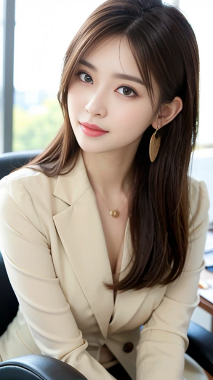 table top, highest quality, realistic, super detailed, finely, High resolution, 8k wallpaper, 1 beautiful woman,, light brown messy hair, wearing a business suit, sharp focus, perfect dynamic composition, beautiful and fine eyes, fine hair, Detailed realistic skin texture, smile, close-up portrait, model body shape