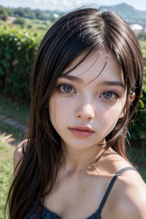 Natural photography of a beautiful girl, wearing a loose crop top, leaning over, long flowing hair, big bust, locks eyes into the camera, symmetrical eyes, symmetrical face, photorealistic, photography, path tracing, specular lighting, volumetric face light, path traced hair, visible shadows, intricate, elaborate
