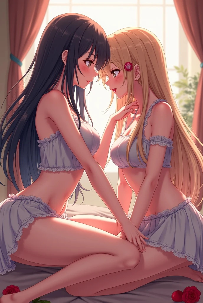 fantastic realism, Bokeh,  ultra-detailliert, Two girls facing each other, Chest and chest, kiss, Black-haired and blonde girl, Underwear, Indoors, Narrow storage room, Detailed background,