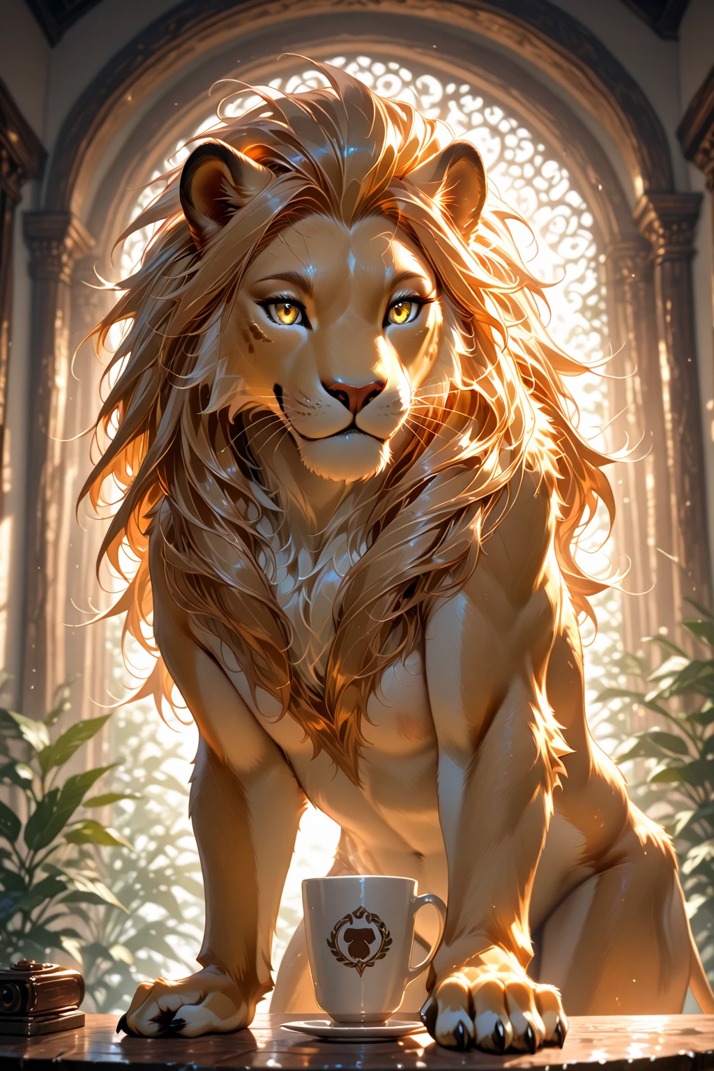 ultra-detailed, masterpiece, masterwork, high quality, best quality, hdr, (nature), , male, solo, lion, (()), (little white body lion), (long silver hair, yellow eyes), squatting, dynamic angle, (, perfect ), public hair