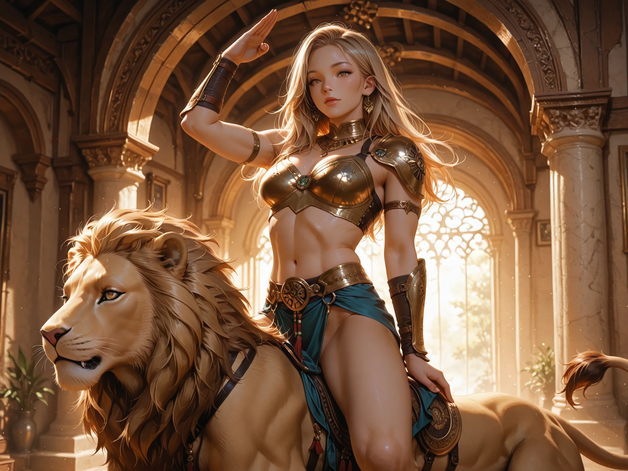 An android girl with a Leo motif., her head is a large lion skull made of gold., she holds up a huge sword highly and points in the direction of her progress., white background with Venus theme.,
