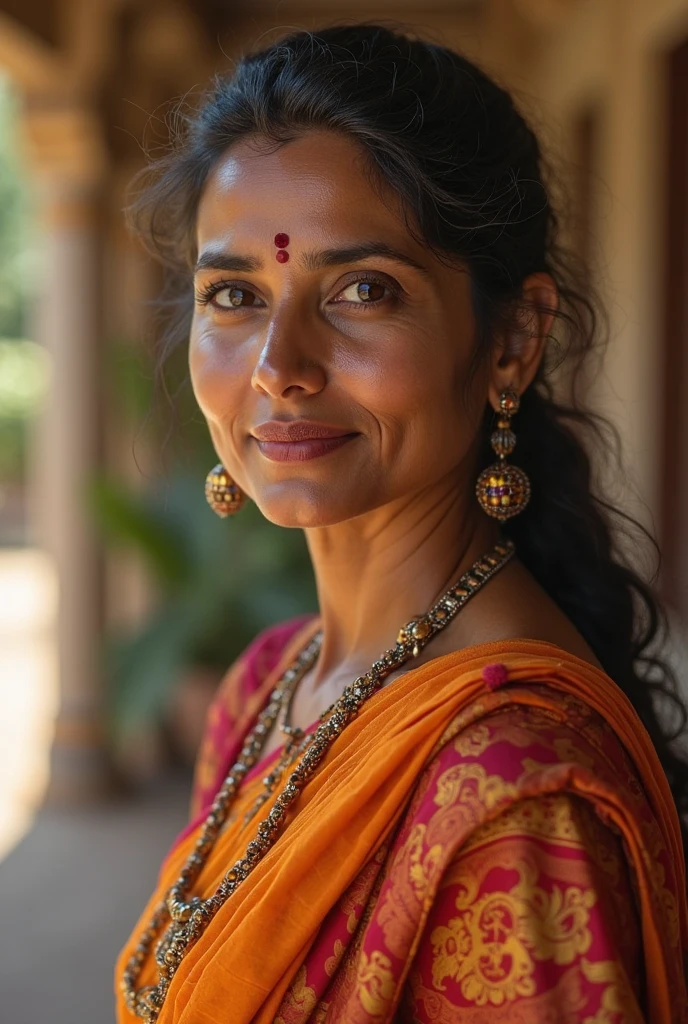 50 year old Indian woman with a sleeveless blouse and low hip saree