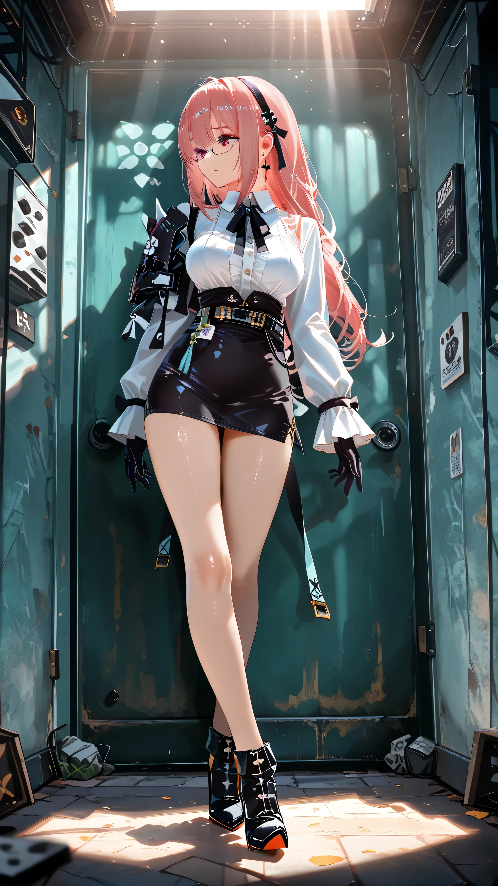 ((masterpiece, best)),(1girl),((mature woman)), light pink hair, dizzy, trumpet, ((office lady)), bangs, mid-chest, (full), slim, smiling, [wide hips] ,office,standing, aru \(blue archive\),