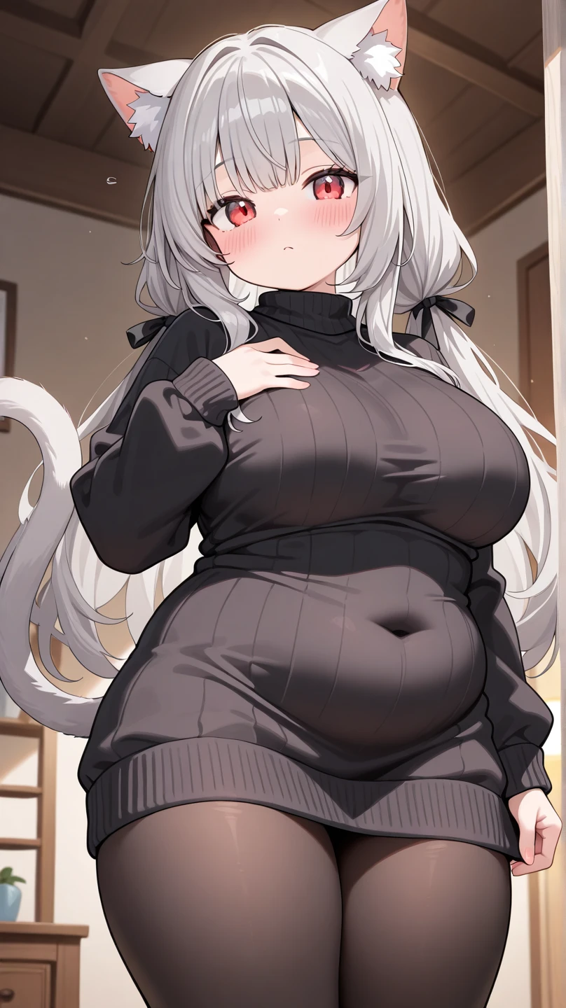 1girl,solo,Mature Women,Females in heat,grey hair color,long hair,wolf ears,blonde eyes,slanted eyes,super huge breasts,slender,black knit long sleeves,amorous glance,mature and sexy,looking at viewer,very near,standing up,expressionless,house,in room