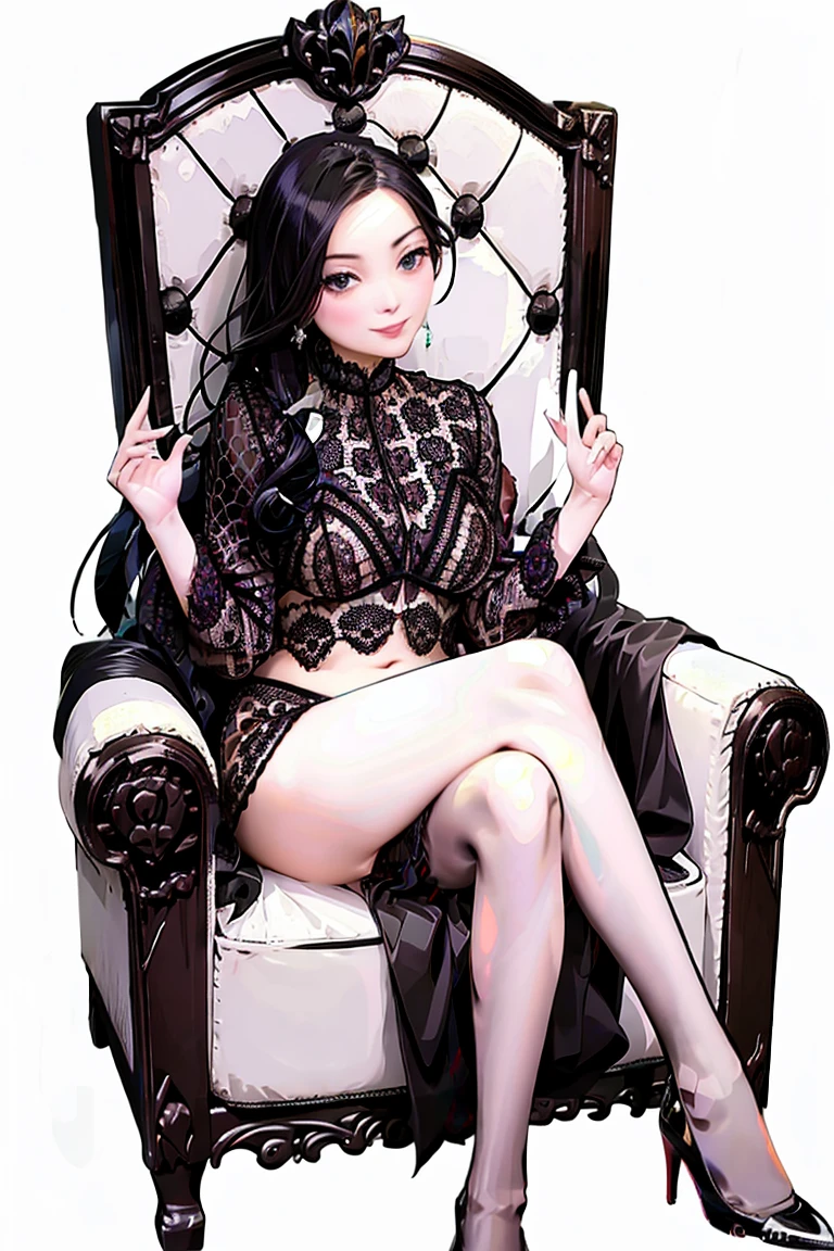 A beautiful character with small round transparent glasses, well made-up with red lipstick, brown eyes, short curly black hair, earrings, a necklace, a pink lace outfit, high heels, sitting in a. A flowery square chair in a beautiful place with an penis in your hands
