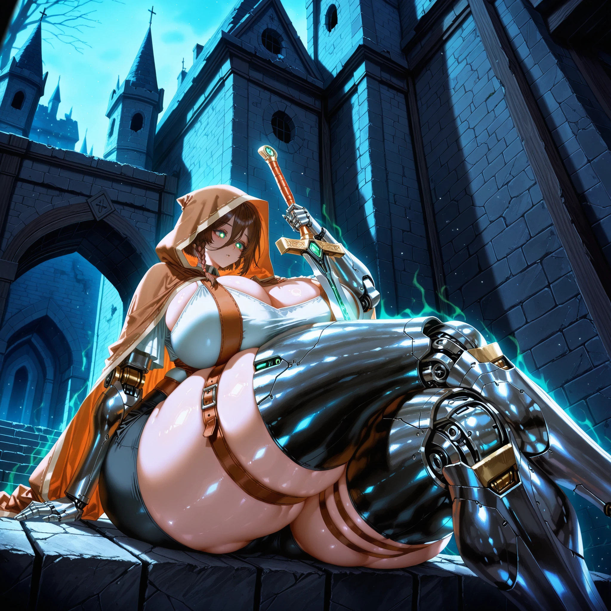 Professional women photo, 1 girl, cobblestones with eerie cold atmosphere in dark basement, masterpiece, detailed art of beautiful warrior girl, bikini armor, leather jacket, shiny big tits, wet body, huge tits, huge breasts with presence, blush, sweat, sexy, provocative pose, high leg, high leg laces, bare breasts, clothes dressed, boobs, side boobs, cleavage, helmet, sword, Big sword, (brown eyes with clear impact), straps on the chest, low leg strings, under the, panties pulled down, thigh height, constriction, gloss on the skin, shiny skin, a lot of sweat on the thighs, shiny on the chest, shiny on the chest, shiny on the chest, shiny on the chest,