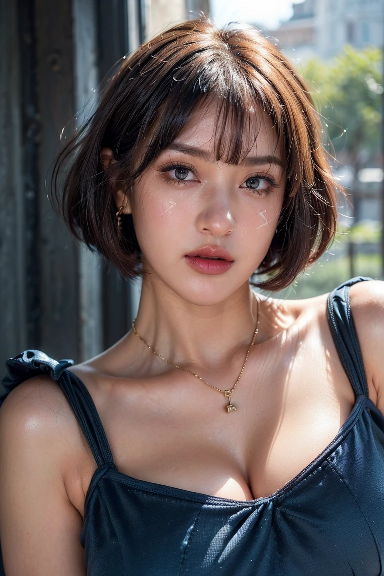 (Photorealistic, 32k, RAW photo, best quality:1.4), (masterpiece:1.3), (ultra high resolution, ultra realistic, highly detailed, golden ratio, ultra detailed), 1 beautiful woman, natural makeup, intricate cloth texture, finely detailed hair texture, beautiful full-body, perfect female form, anatomically accurate, highly detailed face and skin, (elegant hands), (realistic skin), (beautiful pale skin:1.1), (extreme close-up:2.0), (Oversized Breasts), (Wearing blue Swing Dress:1.5),
BREAK,
realistic eyes, captivating detailed eyes, symmetric eyes, light brown eyes, double eyelids, thin eyebrows, (glossy lips:1.4), (kissable expression, blush:1.3),
BREAK,
((short bob cut, dark brown hair, bangs:1.2)), (Late Night, Moonlit night, veranda:1.3)