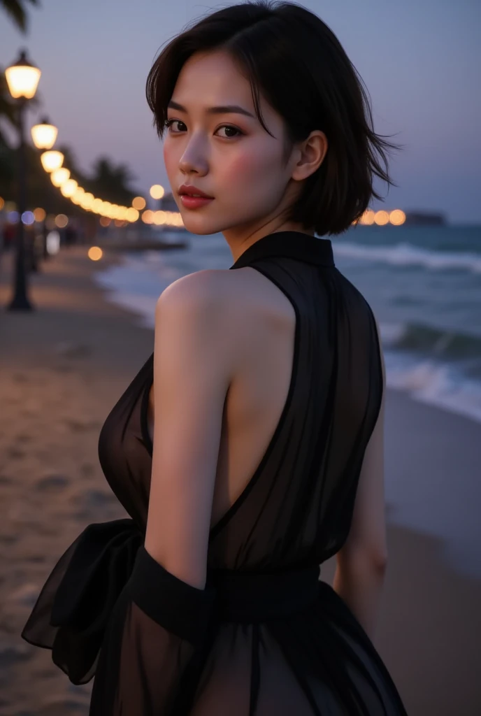 Top quality, 1 beautiful woman, super very short hair, shy smile,  midnight-black bob and penetrating grey eyes, in the moonlit ambience of a private Maldives beach. Dressed in an elegant, black lace beach dress, her pose is alluring and enigmatic, the starlit sky and gentle waves creating a backdrop of tranquil beauty.