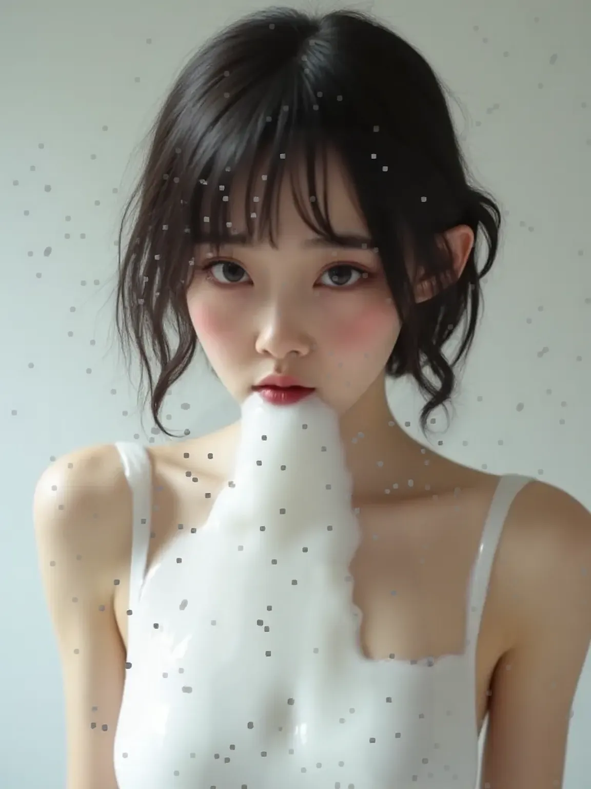 the Extremely Detailed CG Unity 8K Wallpapers、top-quality、ultra-detailliert、masterpiece、studio shoot、close up of face、barechested、(White smoke covers only the body:1.6), His arms folded、realisitic、Photo Real、extremely detailed cute girl、独奏、18year old、japanes、middlebreasts、Melancholy look, Brown hair、Hairstyle Random, out of focus、blur、