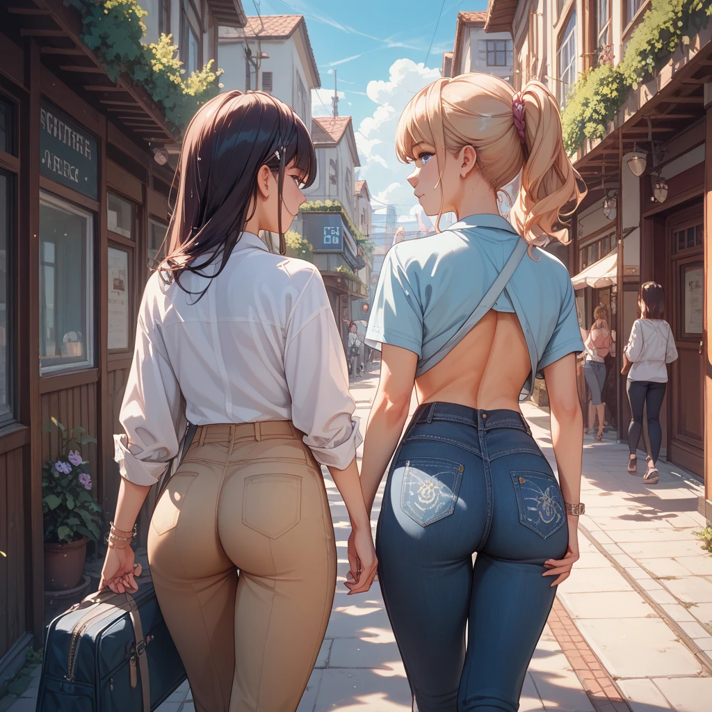 A woman wearing full-zip shorts eats a tlayuda at a taco stand Jeans have a belt Belly button piercing With side slits Big Ass Upper body naked