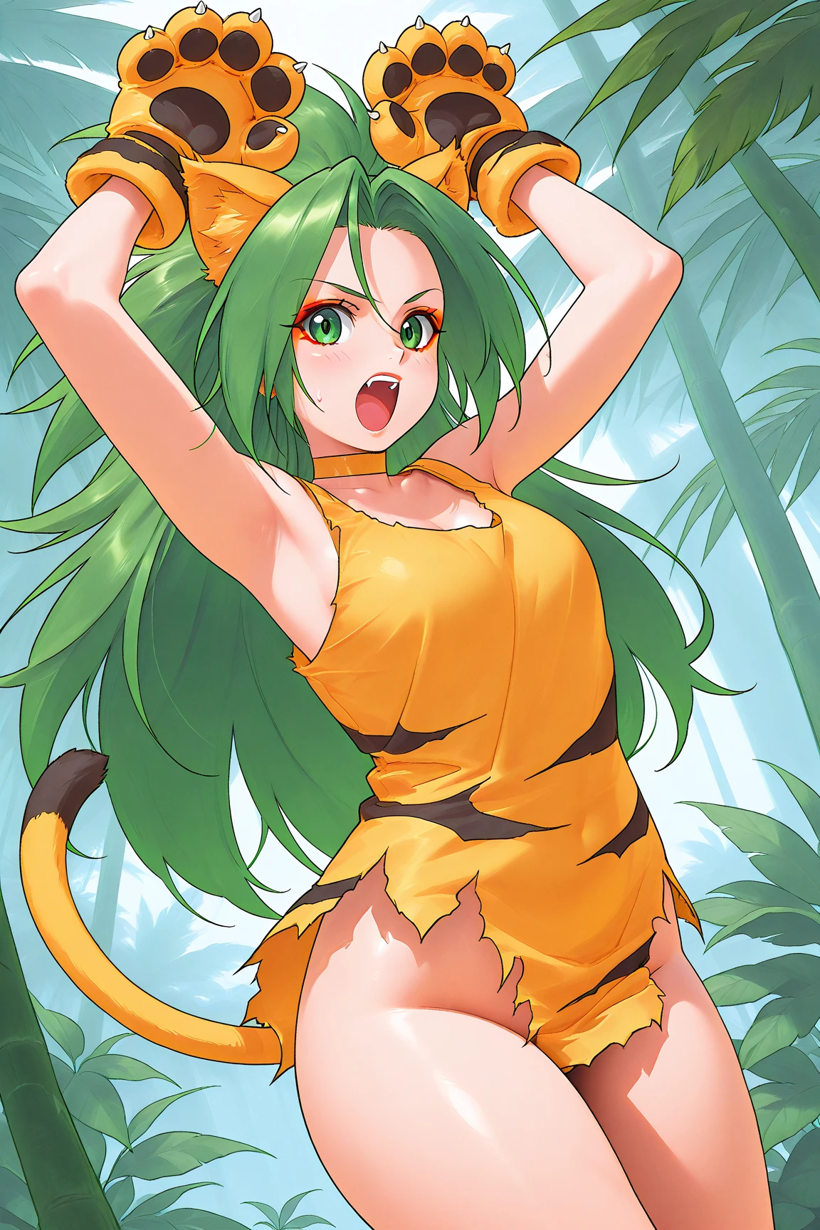 (masterpiece,top quality, beautiful ,8k,insane details),(ACGN),Anime style, girl, green long hair, yellow two-piece tiger-striped swimsuit,long boots,  style of Urusei Yatsura,by Takahashi Rumiko --auto --s2